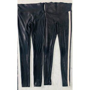SPANX LOT (2) Faux Leather Leggings S Black 2437 & Off-White Stripe 20187R EUC